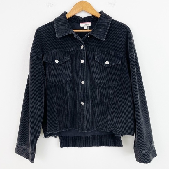 Andree By Unit Boho Gray Dark Button Down Corduroy Frayed Hem Jacket Size Large - Picture 3 of 15